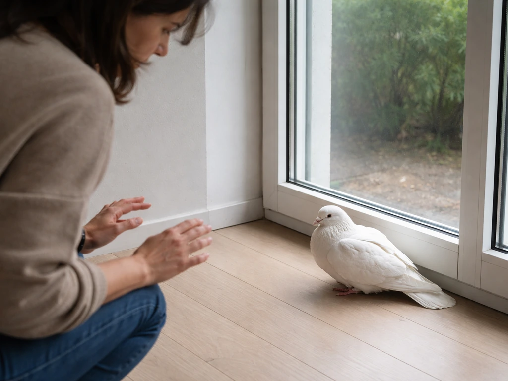 Person watches a white bird near a window from a safe distance; the bird seems disoriented.