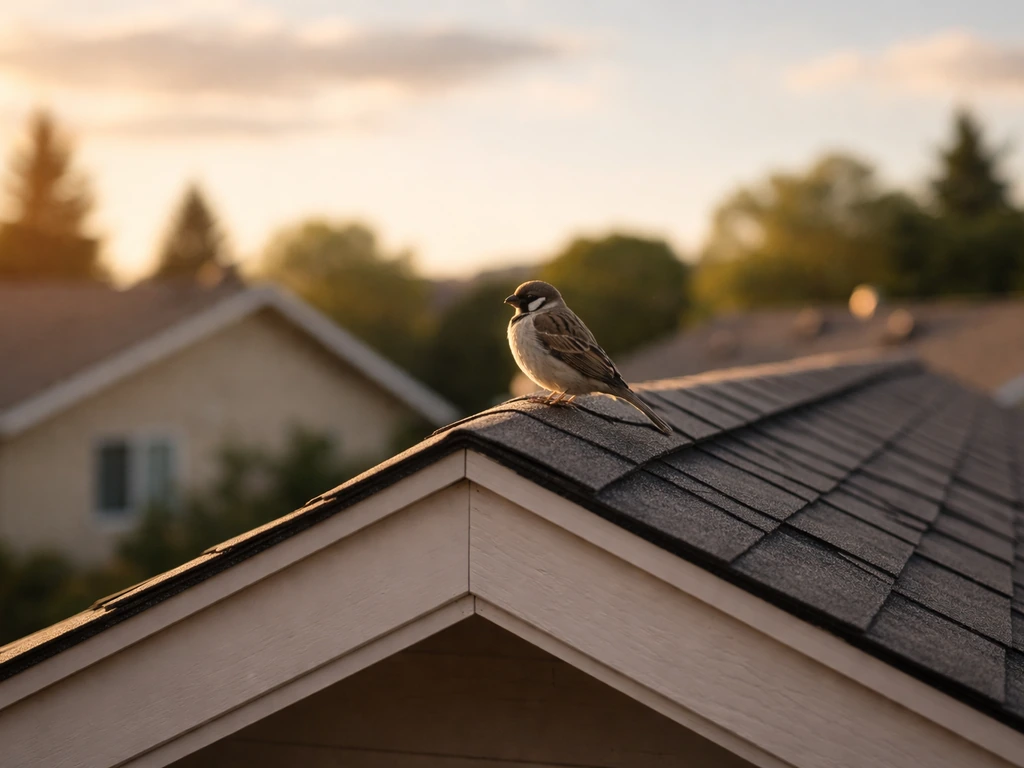 A lone bird perched on a home roof ridge at golden hour, soft spiritual mood, no people.