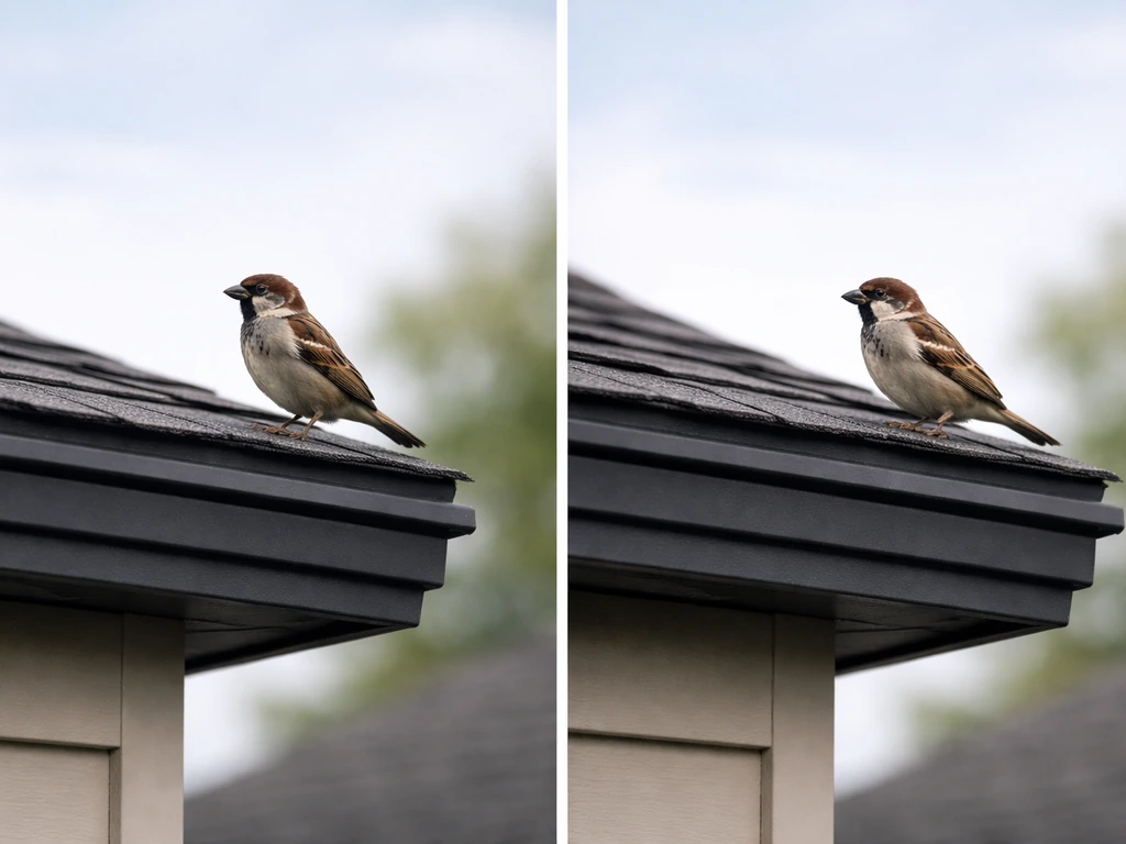 A small bird perched on a quiet house roof, with two subtle moments shown side-by-side