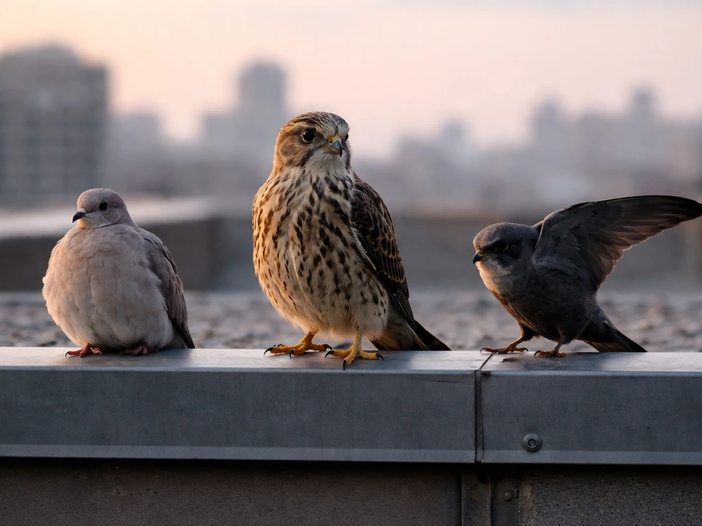 Close-up of three anonymous rooftop birds showing calm, scanning, and nesting/landing behavior at dawn.