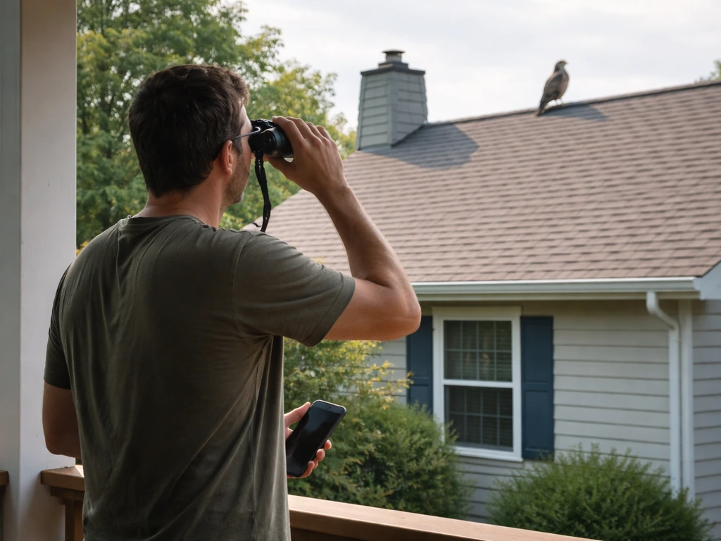 Person stands back with binoculars while a bird perches on a roof ridge in a quiet home setting.