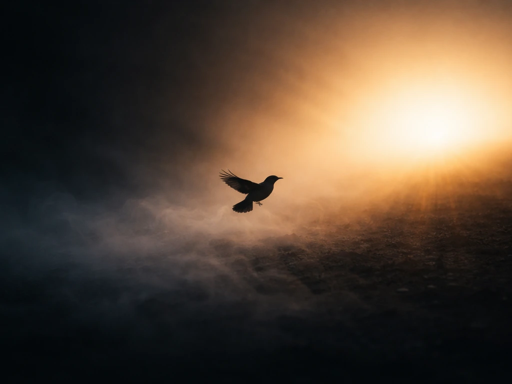 Dreamlike bird silhouette at the edge of bright light, symbolizing an ending and transition.