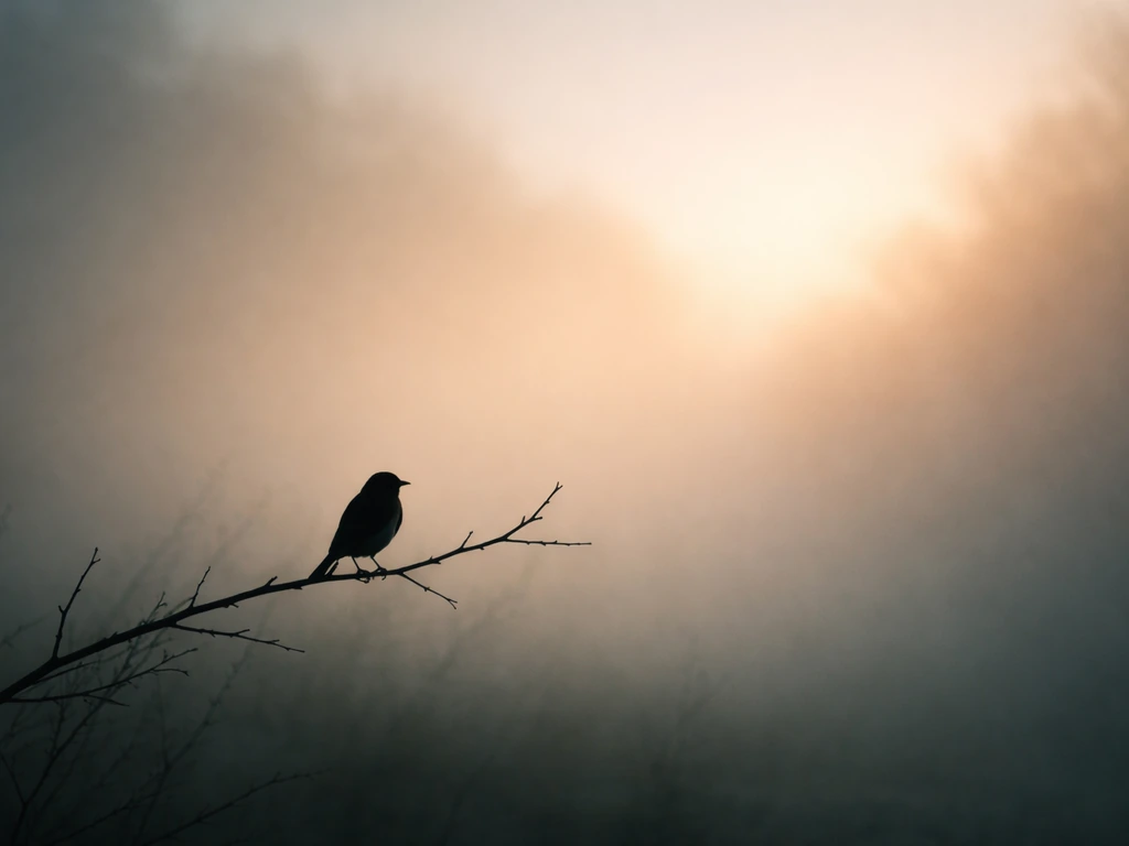 A lone bird silhouette on a branch fading into warm dawn light in a misty dreamscape.