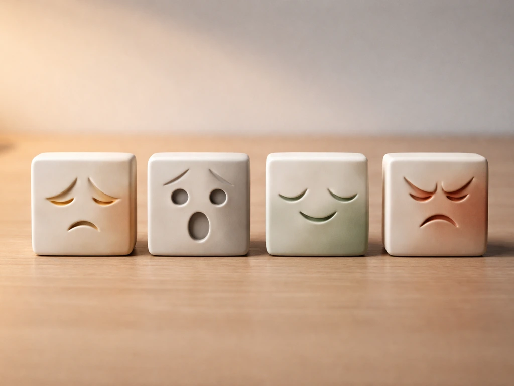 Four ceramic emotion tiles on a wooden desk with subtle colored light reflecting guilt, fear, relief, anger.