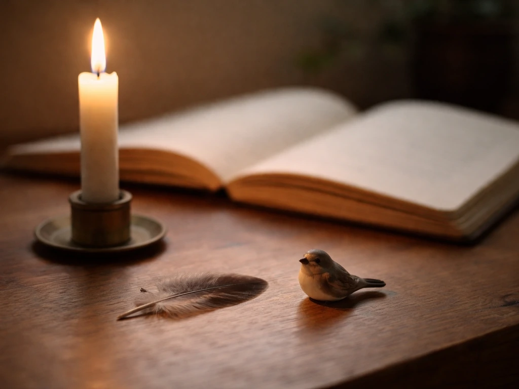 Small bird feather and a lit candle beside open journal pages on a quiet wooden desk.