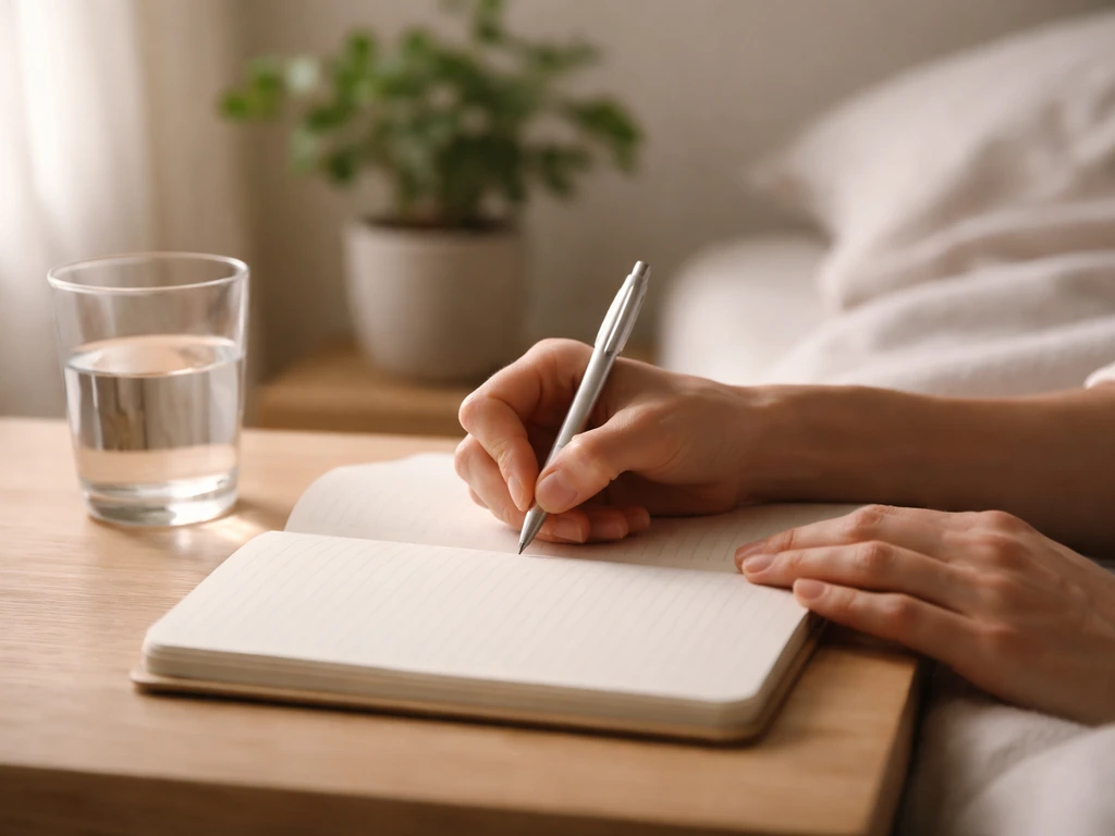 Hands writing in a notebook beside a glass of water with soft plant light in the background