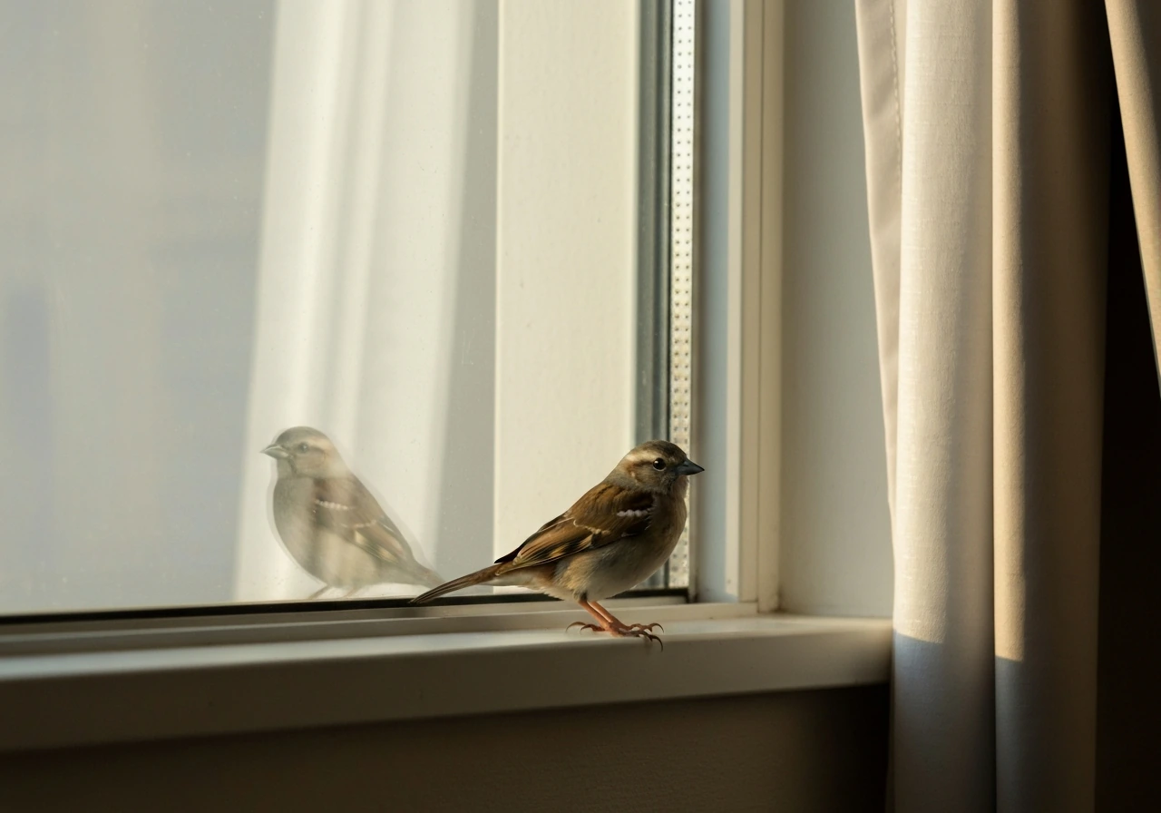 A small wild bird perched by a home window, suggesting a daily recurring visit.