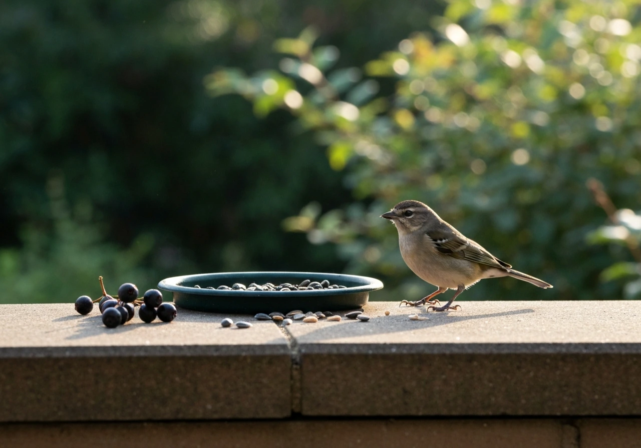 Small bird feeding at a backyard bird feeder near berries by a window, natural morning light.