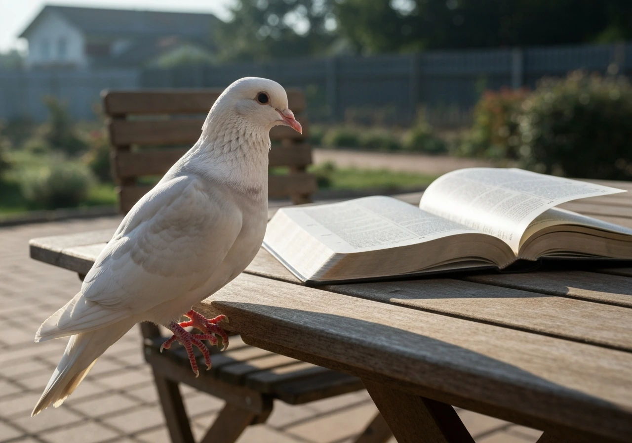 Gentle dove perched near an open Bible on an outdoor table in soft morning light.