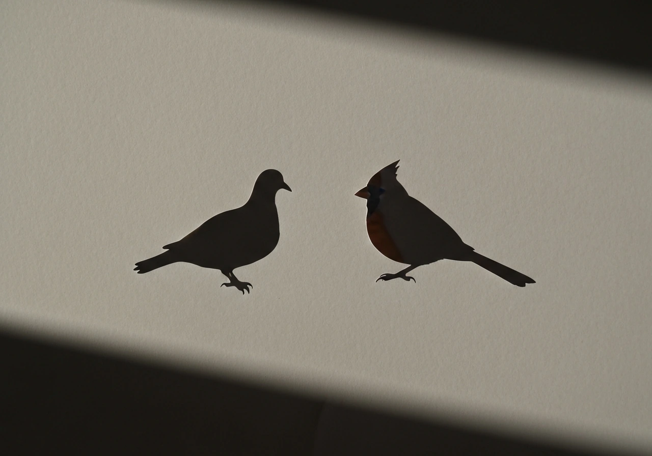 Minimal natural-light photo of two bird silhouettes on a neutral background, suggesting folklore symbolism