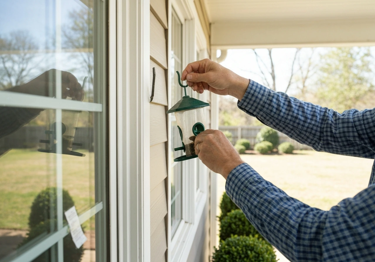 Person removing a bird feeder from outside a window, with nearby shrubs trimmed and covered area visible
