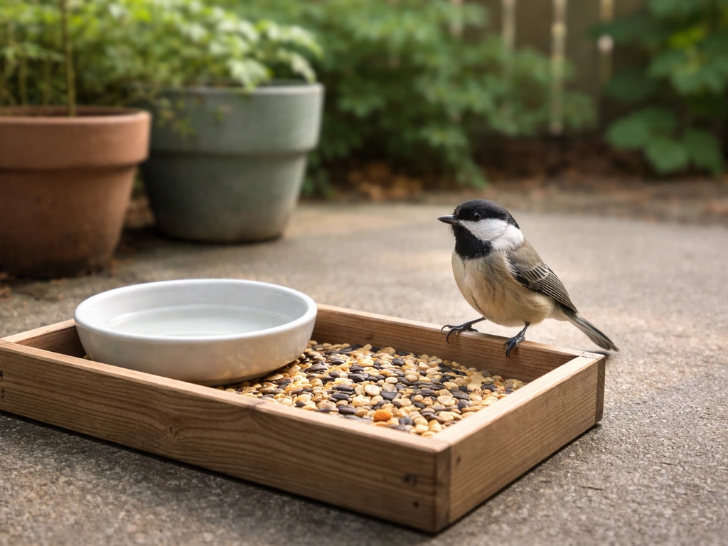 A small songbird approaches a clean outdoor feeding setup with fresh seed and water in natural light.
