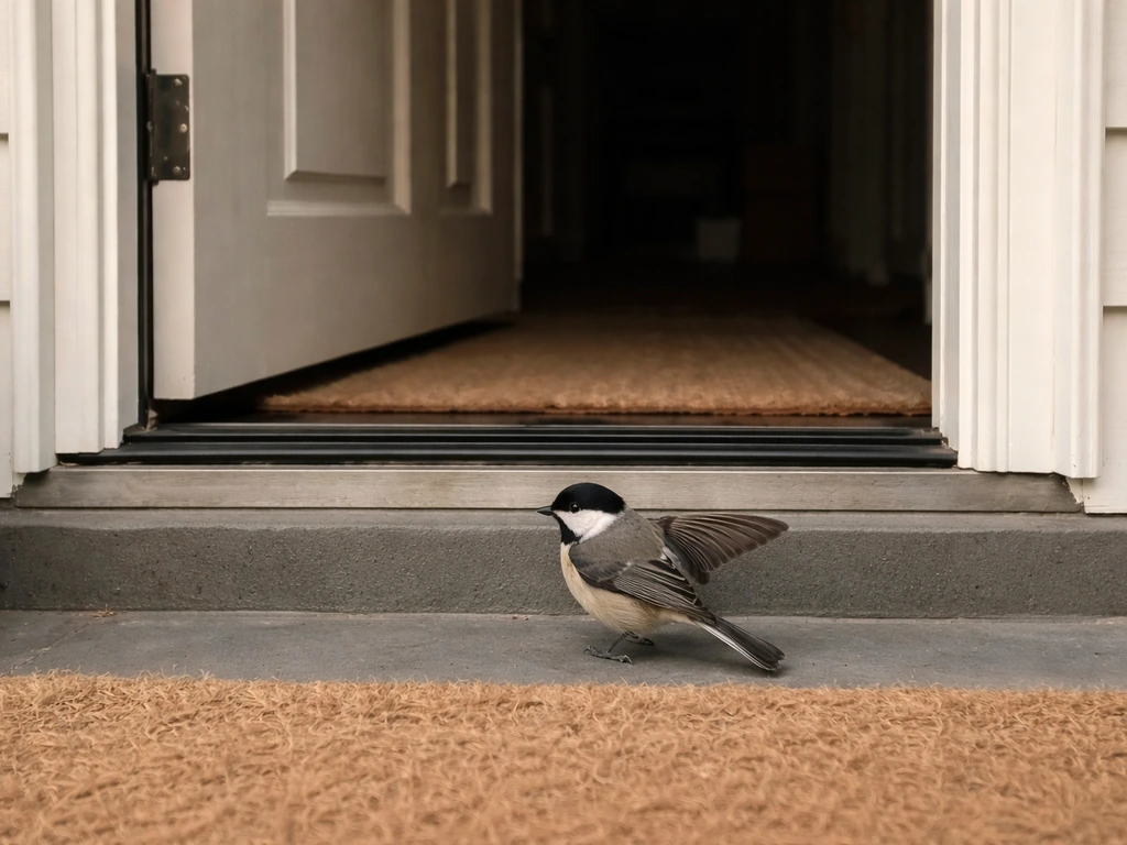 A small bird perched by an open front door, looking inside a quiet house entrance.