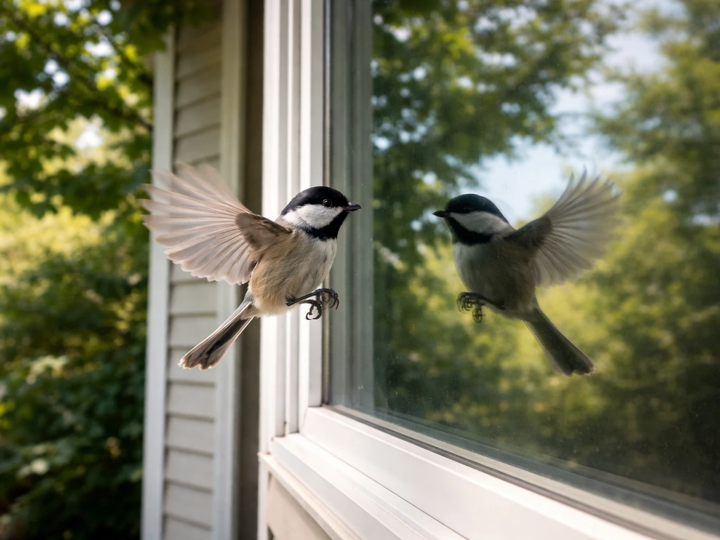 Small bird hovering near a home window with a clear reflection suggesting light and habitat confusion.