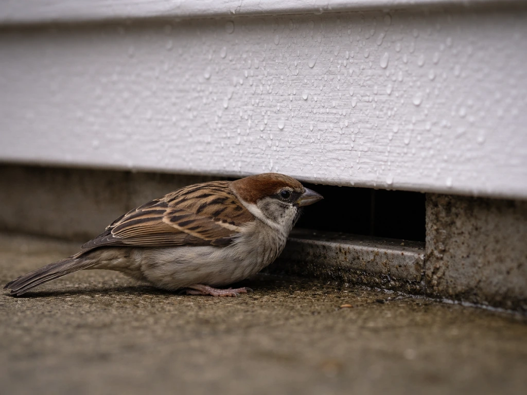 A sparrow shelters at a narrow house vent/gap in cold, stormy weather.