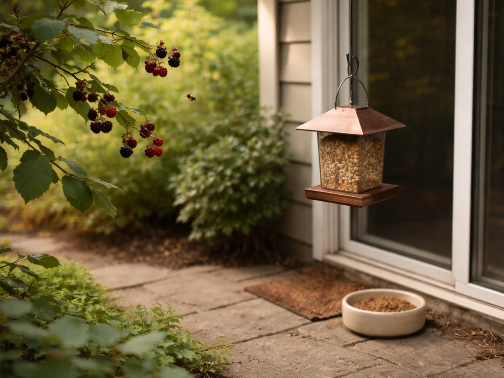 Bird feeder and berry shrubs near a door with insects on leaves, showing what attracts birds nearby.