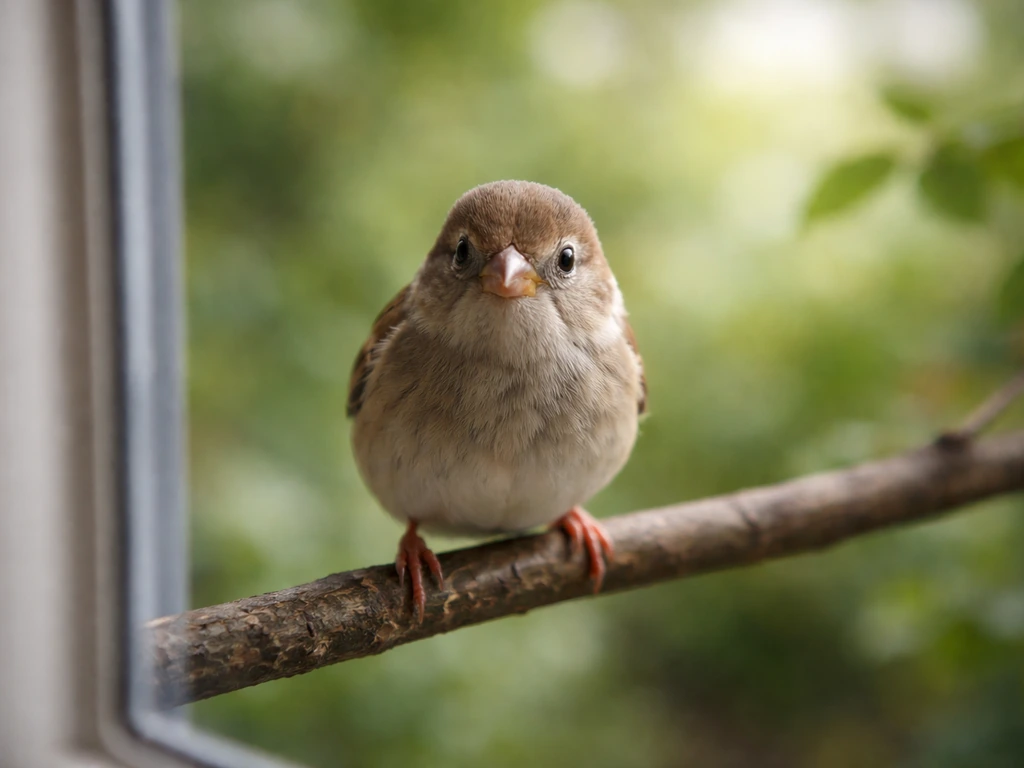 A small bird perched on a branch makes direct eye contact with the camera, calm and dramatic.