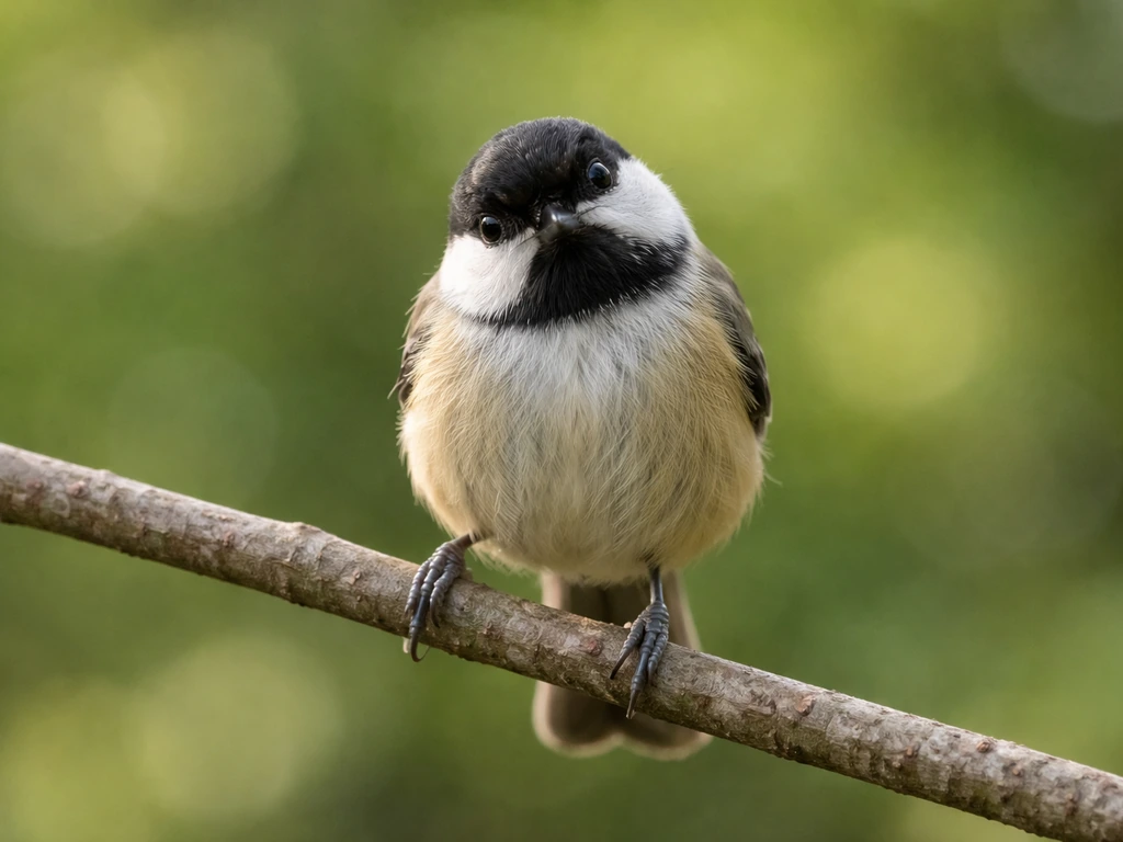 A small wild bird perched on a branch, head tilted and making direct eye contact with the camera.