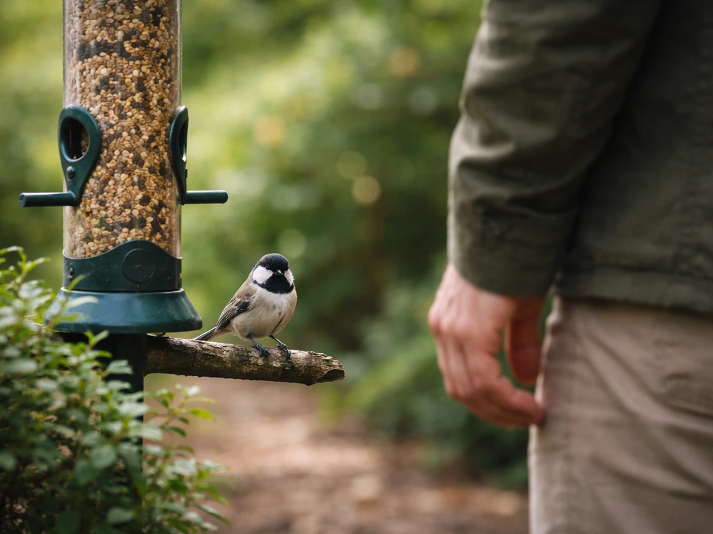 Small bird perched by a backyard feeder, eyeing a person standing nearby in natural light.