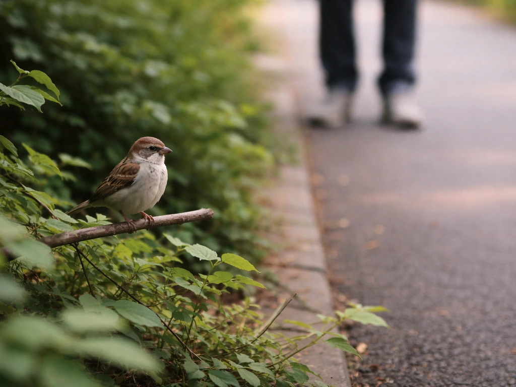 Calm small bird perched on a branch while a still human stays at a respectful distance.