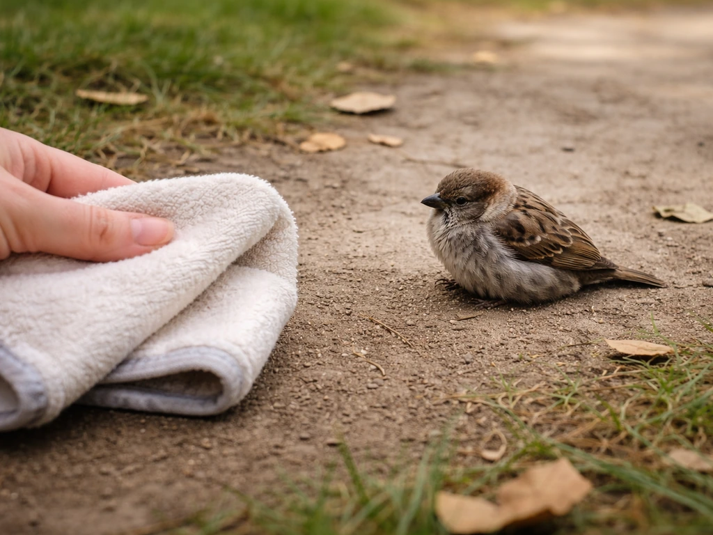 Small wild bird lying on the ground looking unwell, while a hand holds a towel nearby for gentle help