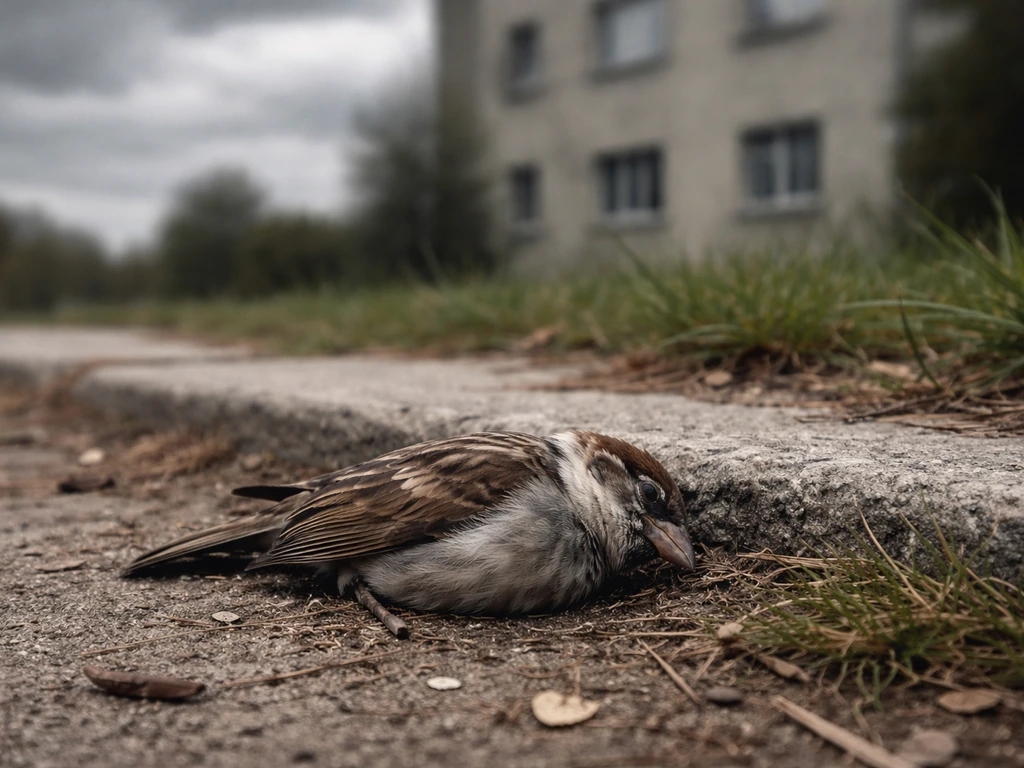 Dead small bird lying on the ground under an overcast sky, with blurred building windows behind.