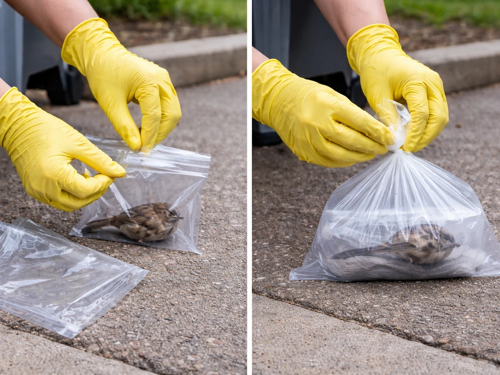 Person wearing gloves double-bags a small dead bird and ties it for careful disposal