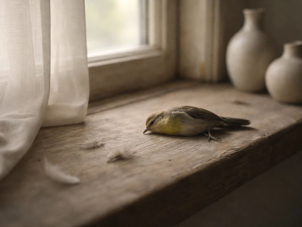 A dead bird on a wooden windowsill in soft light, with muted symbolic decor in the background.