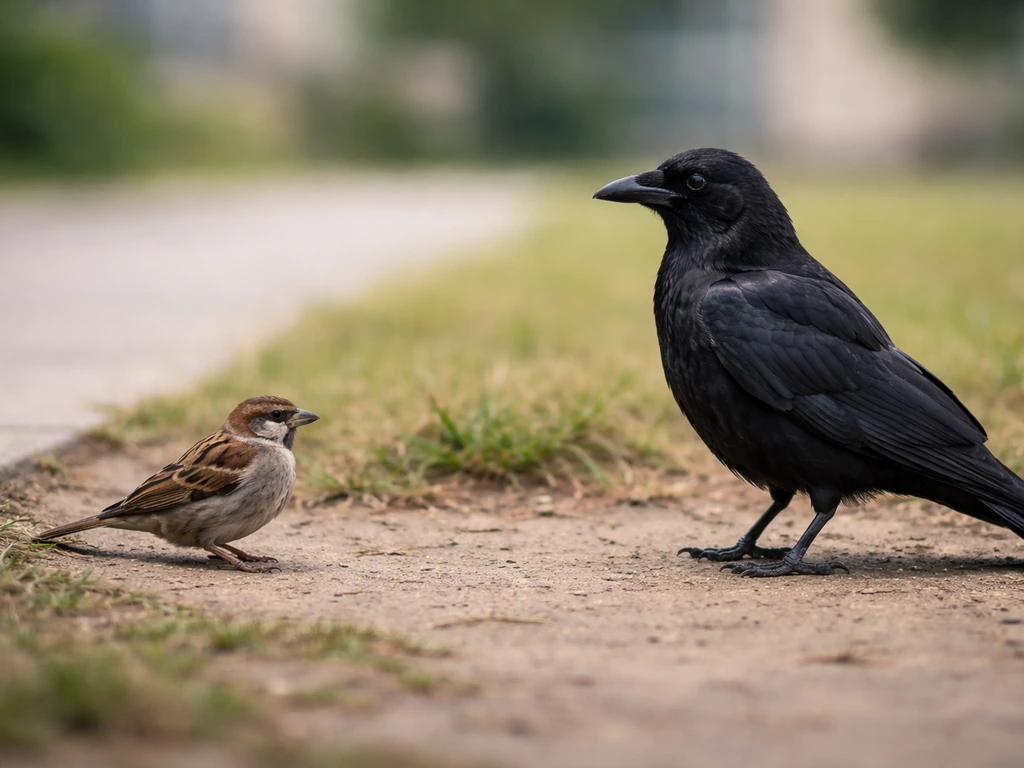 Two birds side by side outdoors: a sparrow and a crow/raven on simple ground.