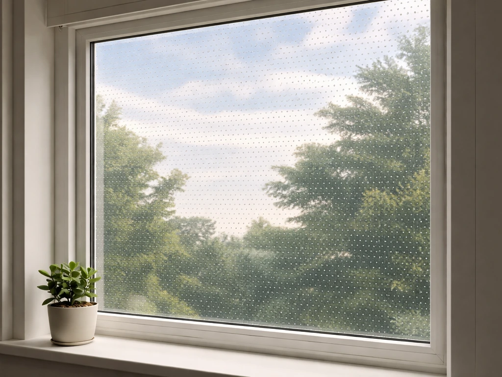 Close-up of a window with a visible bird-safe film treatment reflecting sky light