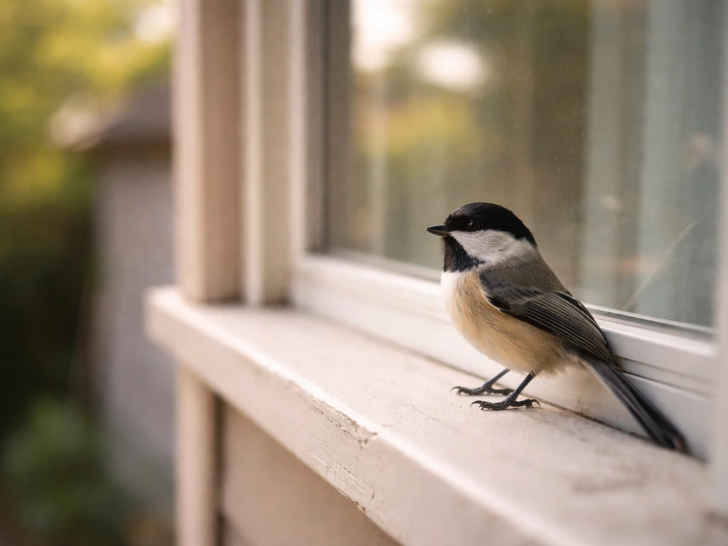 A small bird perched on a home windowsill, looking outside in soft morning light