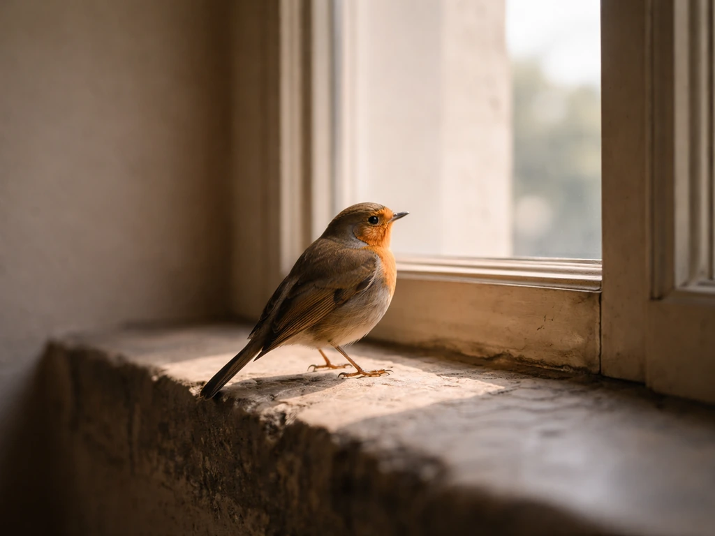 Small songbird perched on a sunlit window ledge, wings relaxed, looking outward
