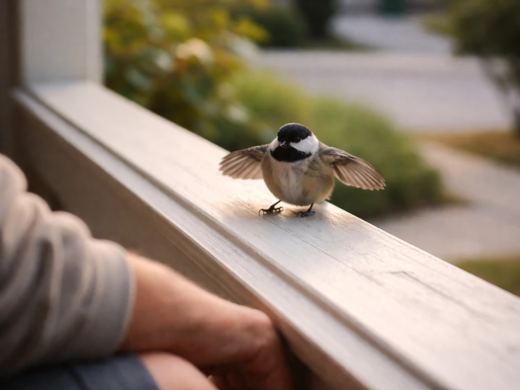 A small bird lands on a porch railing near a person’s out-of-focus arm in soft morning light.