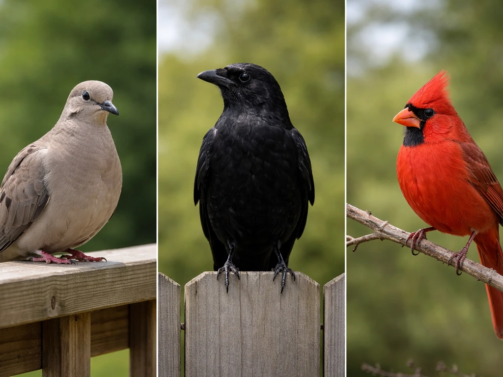Close-up of a mourning dove, crow, and red cardinal perched on outdoor railing and branches.