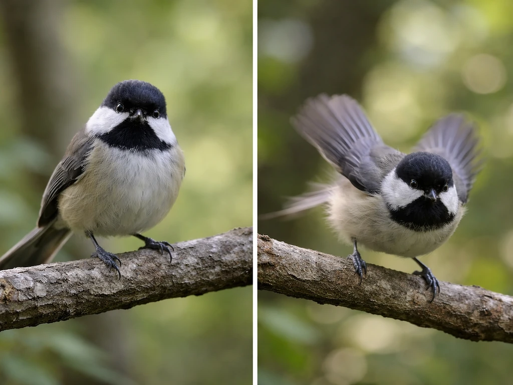 Two-panel photo comparison: a calm still bird on a branch versus an agitated bird flapping in the air.