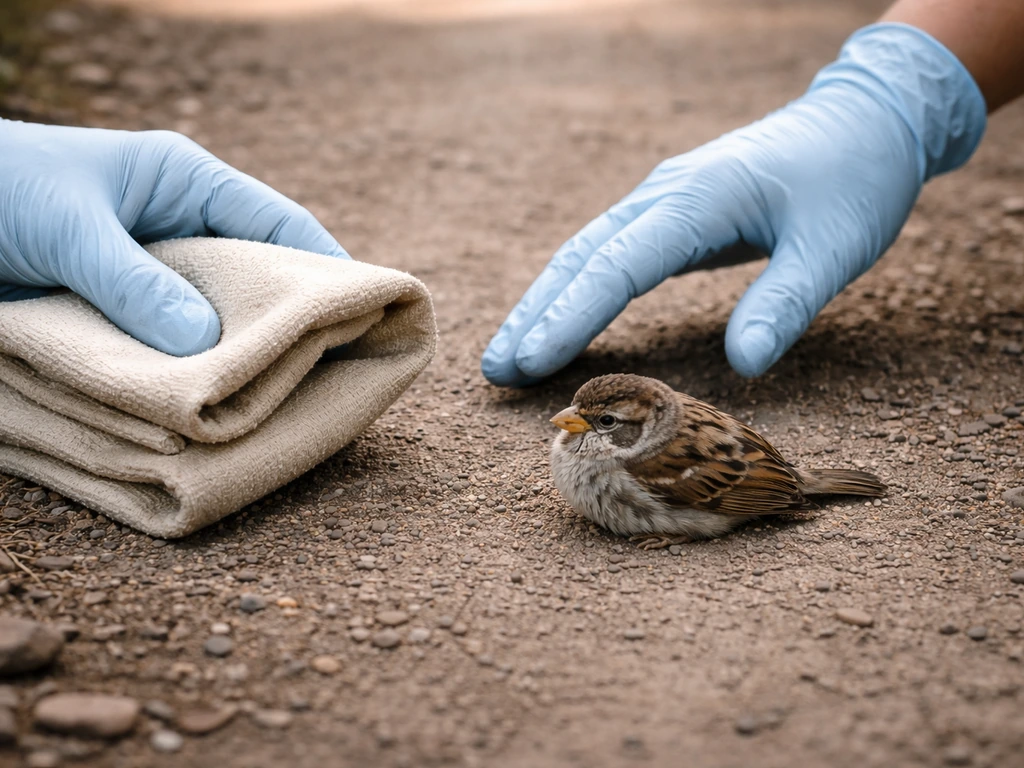 Gloved hands and a soft cloth gently preparing to check a small bird on the ground safely.