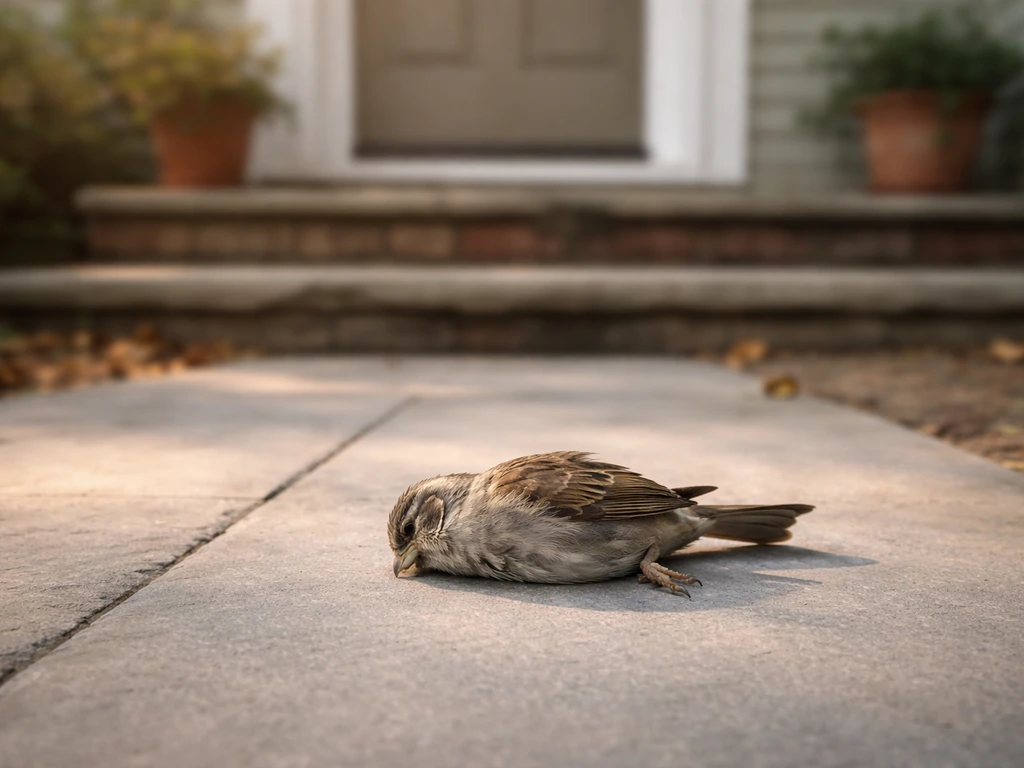 Small dead bird on a front walkway near a house threshold in soft morning light, no people present.