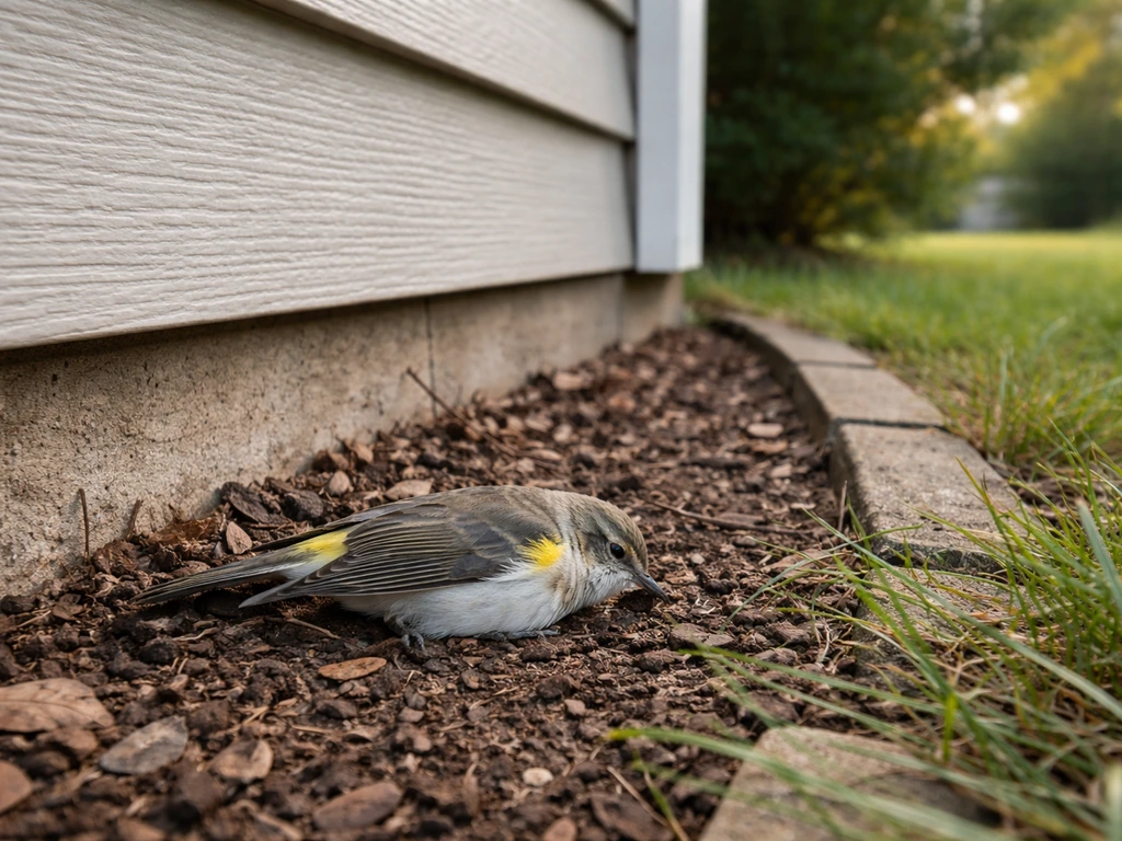 A small dead bird on the yard edge beside a home’s siding in natural light.