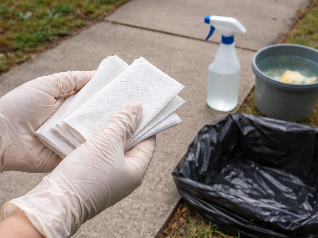 Gloved hands holding paper towels for safe cleanup, with disinfectant spray, bucket, and disposable bag nearby.