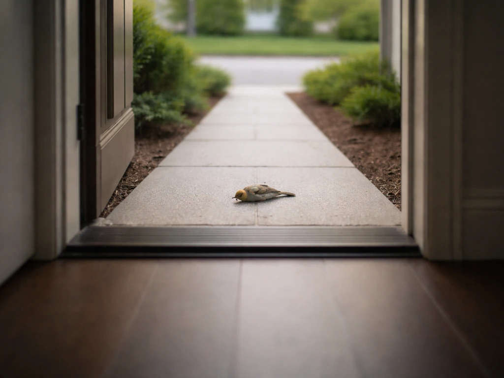 Dead bird on a front walkway, seen from inside through the doorway framing the boundary.