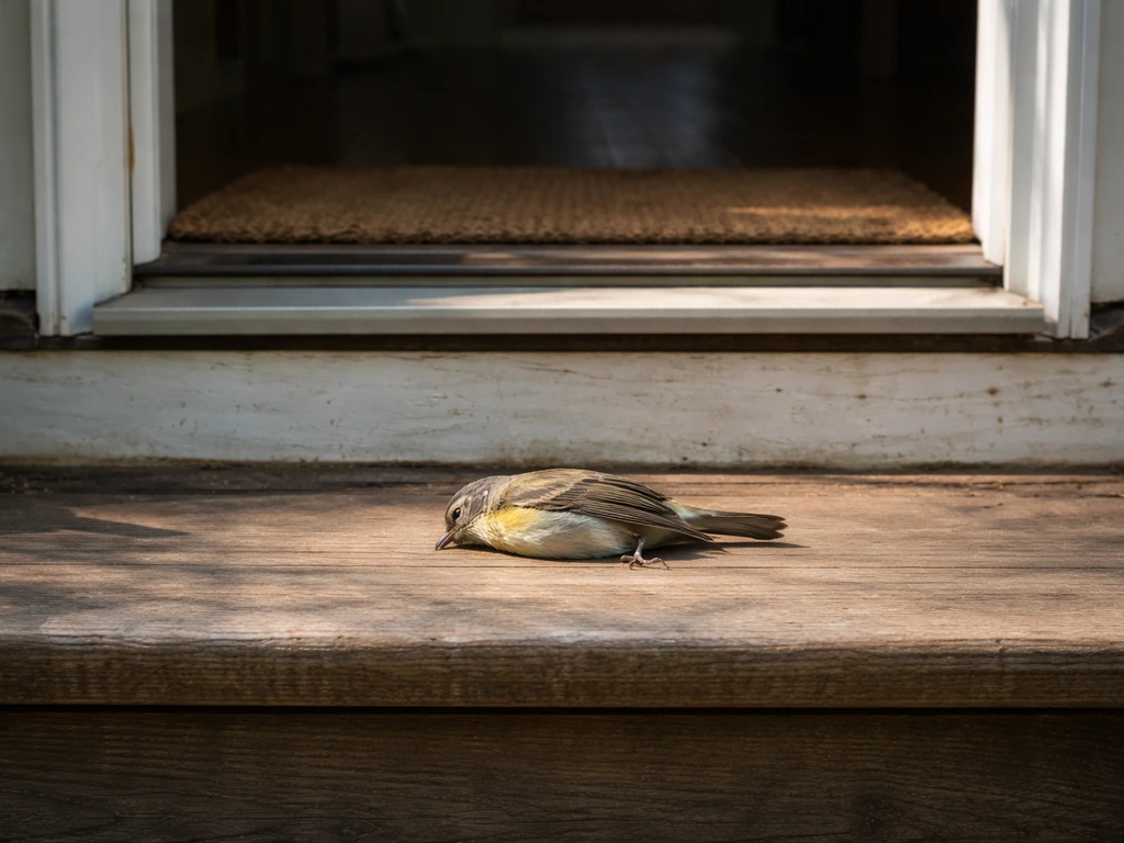 Close view of a dead bird on porch steps near a doormat by an open doorway.