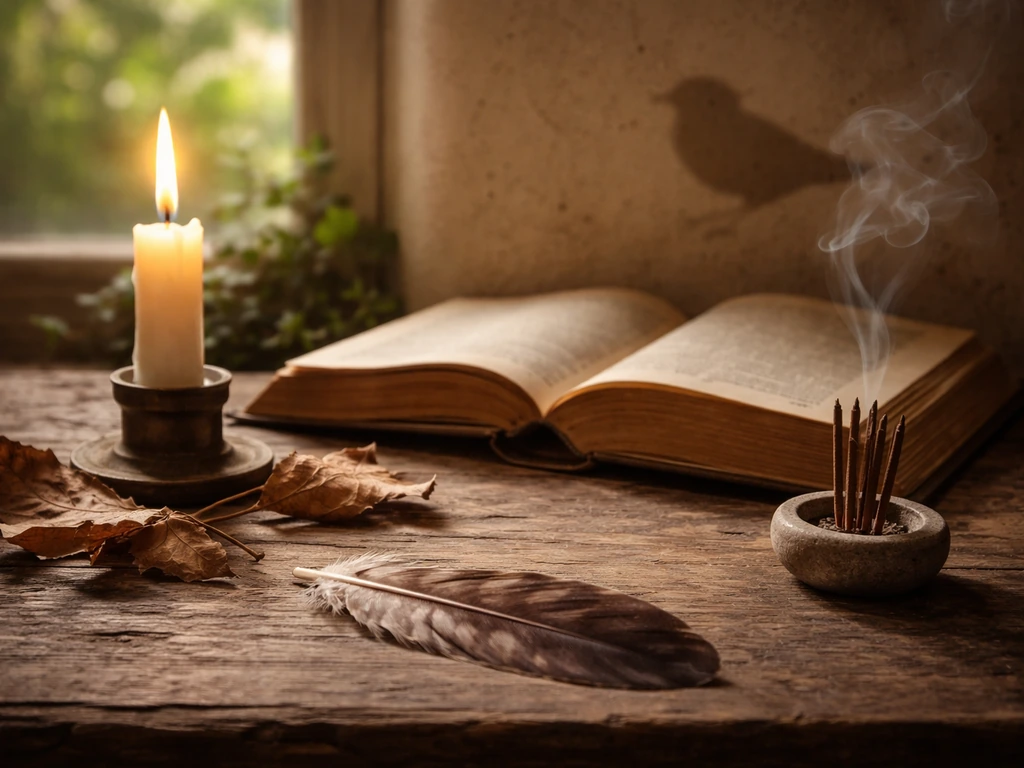 Still life with a candle, an open Bible, and a small bird-feather symbol on a wooden table in warm light