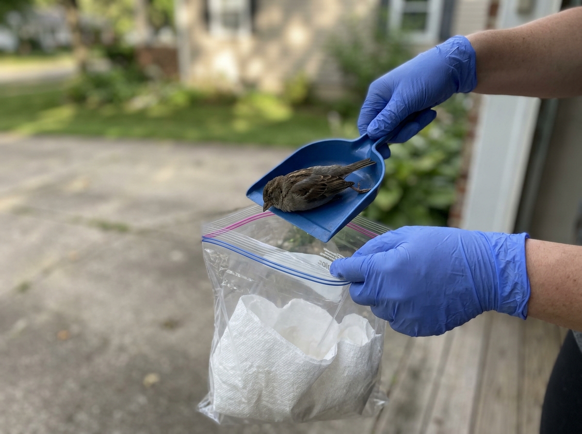 Gloved hands placing a dead bird into a sealed container for safe disposal.