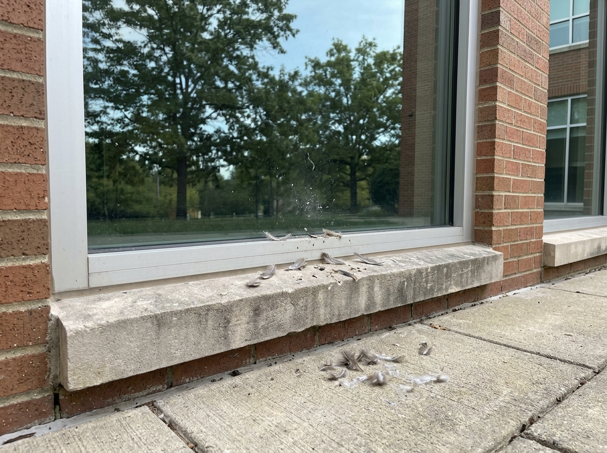 Feathers and debris on a window sill and sidewalk beneath glass collision area.