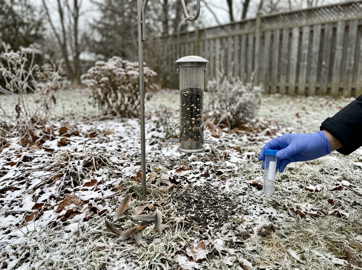 Frosty bird feeder area with feathers on the ground suggesting winter die-off risk.