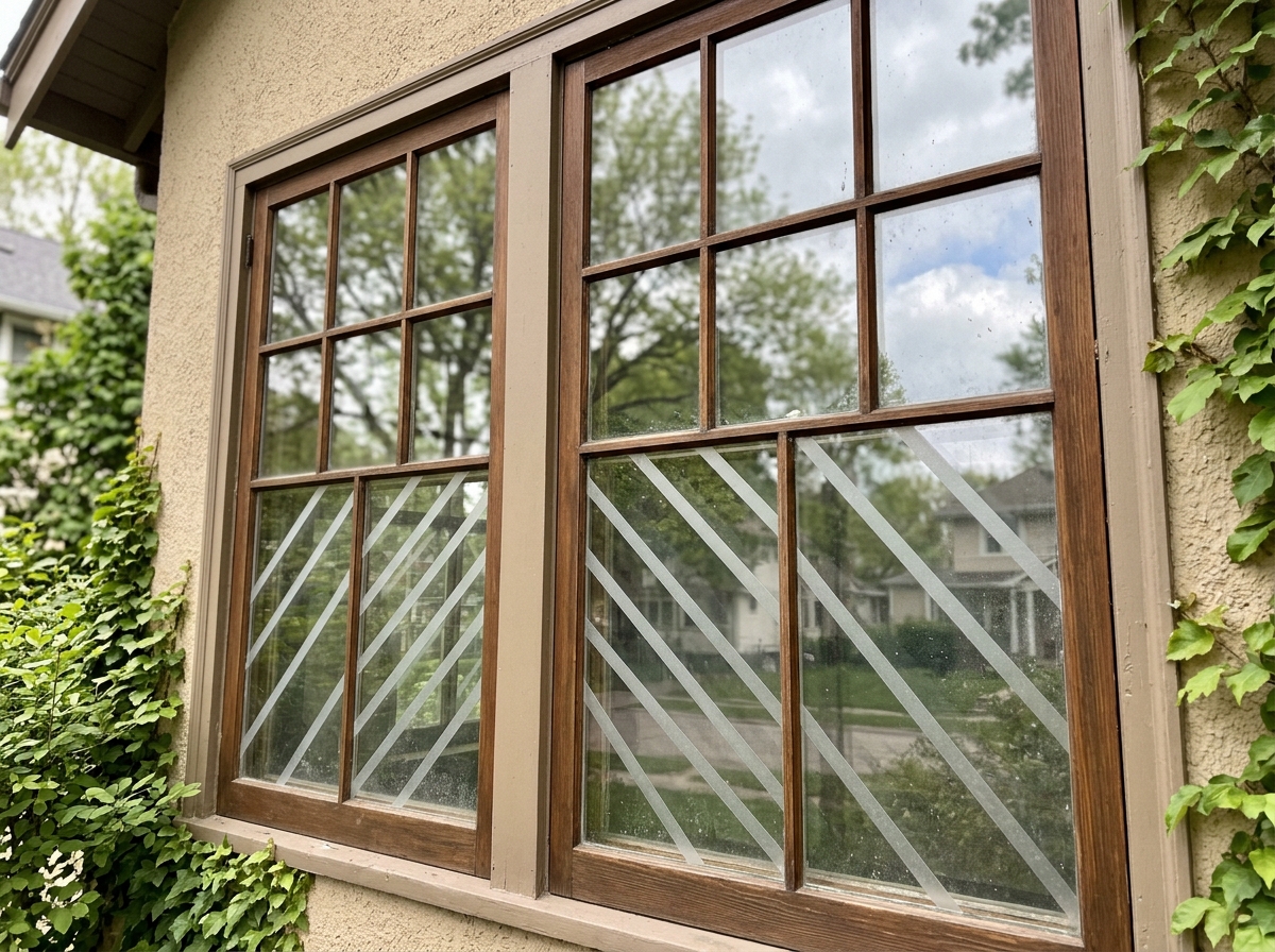 Window with applied tape strips to make glass more visible to birds.