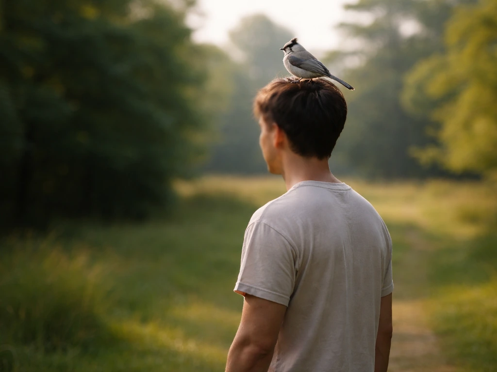 A small bird perches on the top of a calm person’s head in a quiet outdoor park.