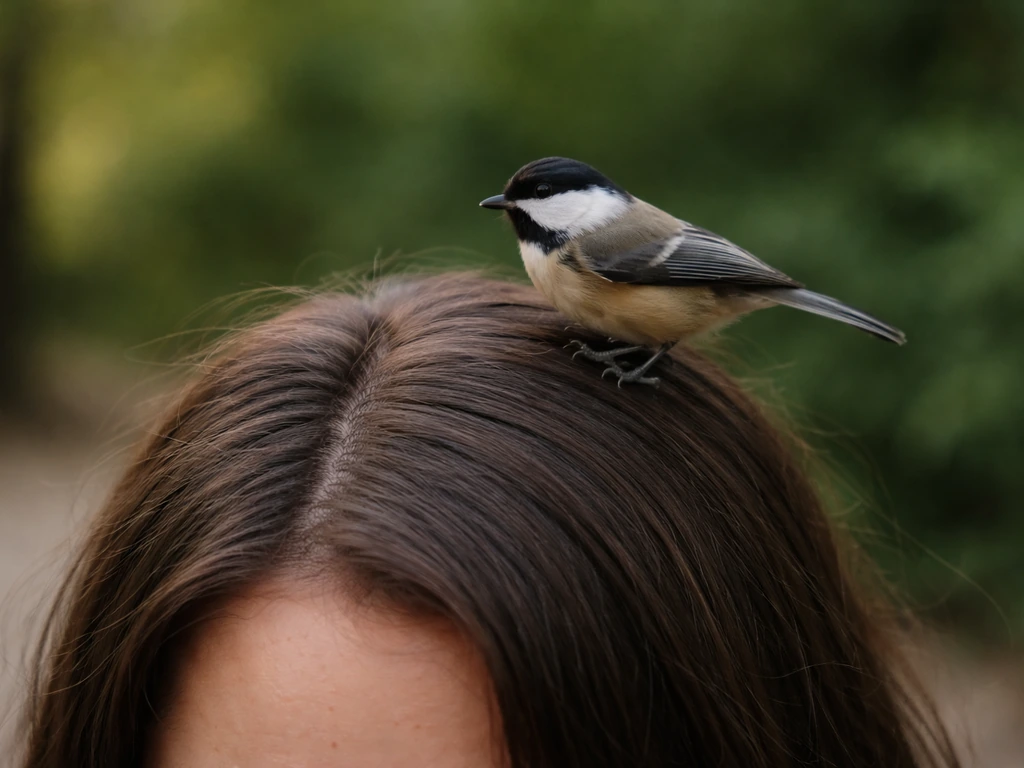 Anonymous person staying still while a small bird hops away from their head in calm daylight.