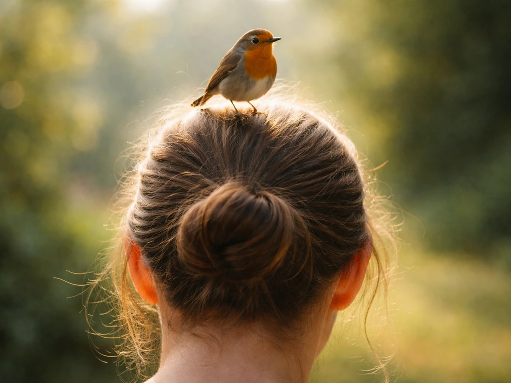 A small bird perched on the top of a human head, with a subtle spiritual glow