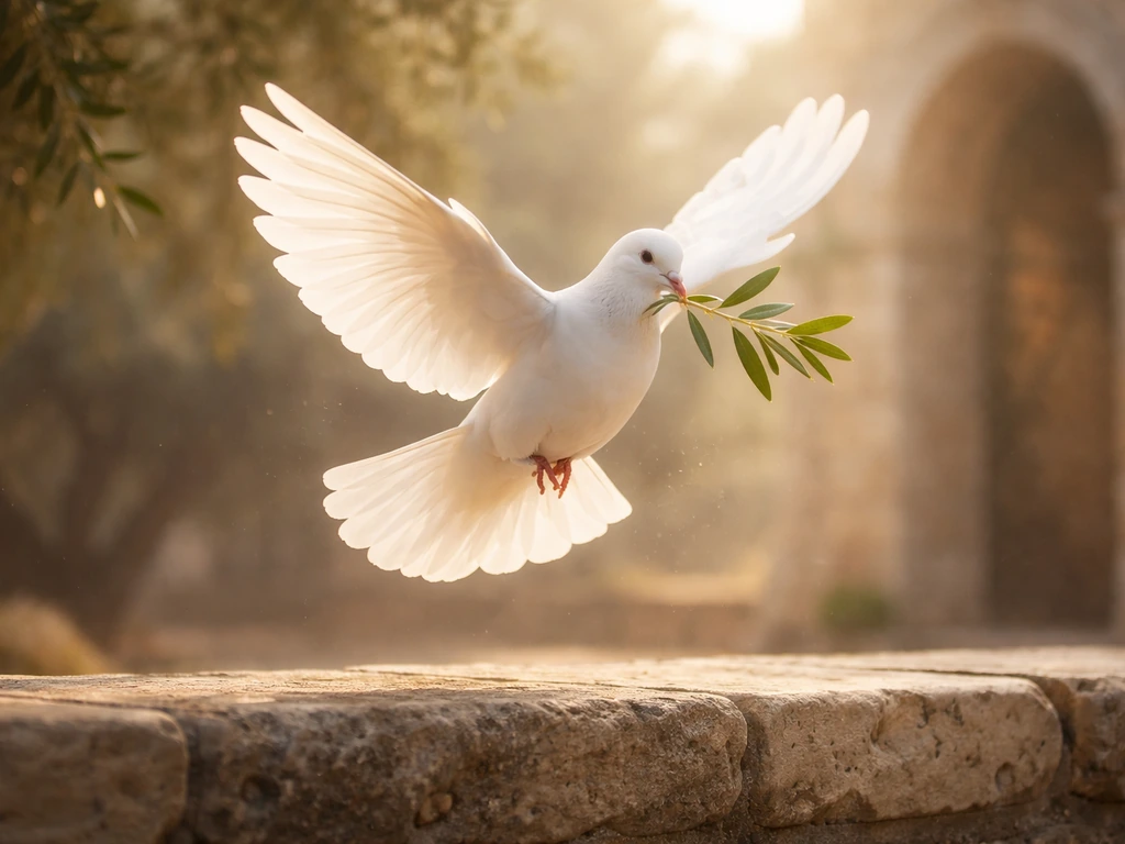 White dove with an olive branch hovering in sunlit, biblical-style outdoor setting